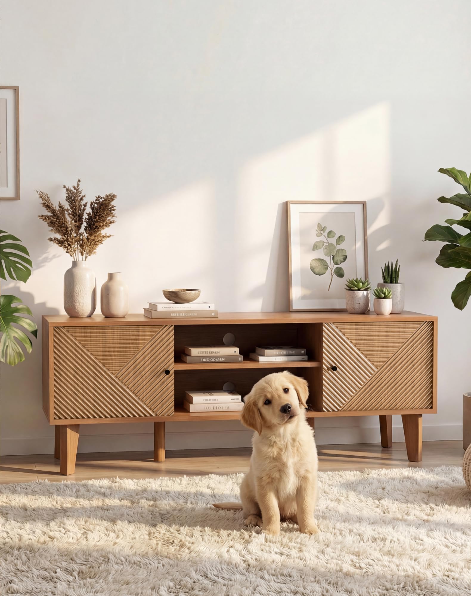 Mid-Century Modern TV Stand with Fluted Door Cabinets