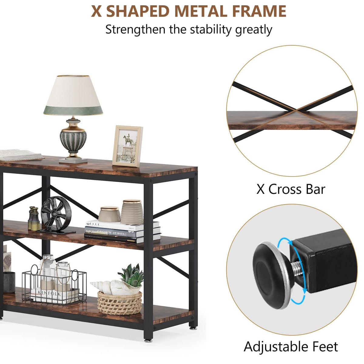 Tribesigns 70.9 Inch Extra Long Console Table, Modern Sofa Table Behind Couch Table with Storage Shelves, 3-Tier Industrial Hallway Entryway Table for Living Room, 3 Shelf Bookshelf(Brown)