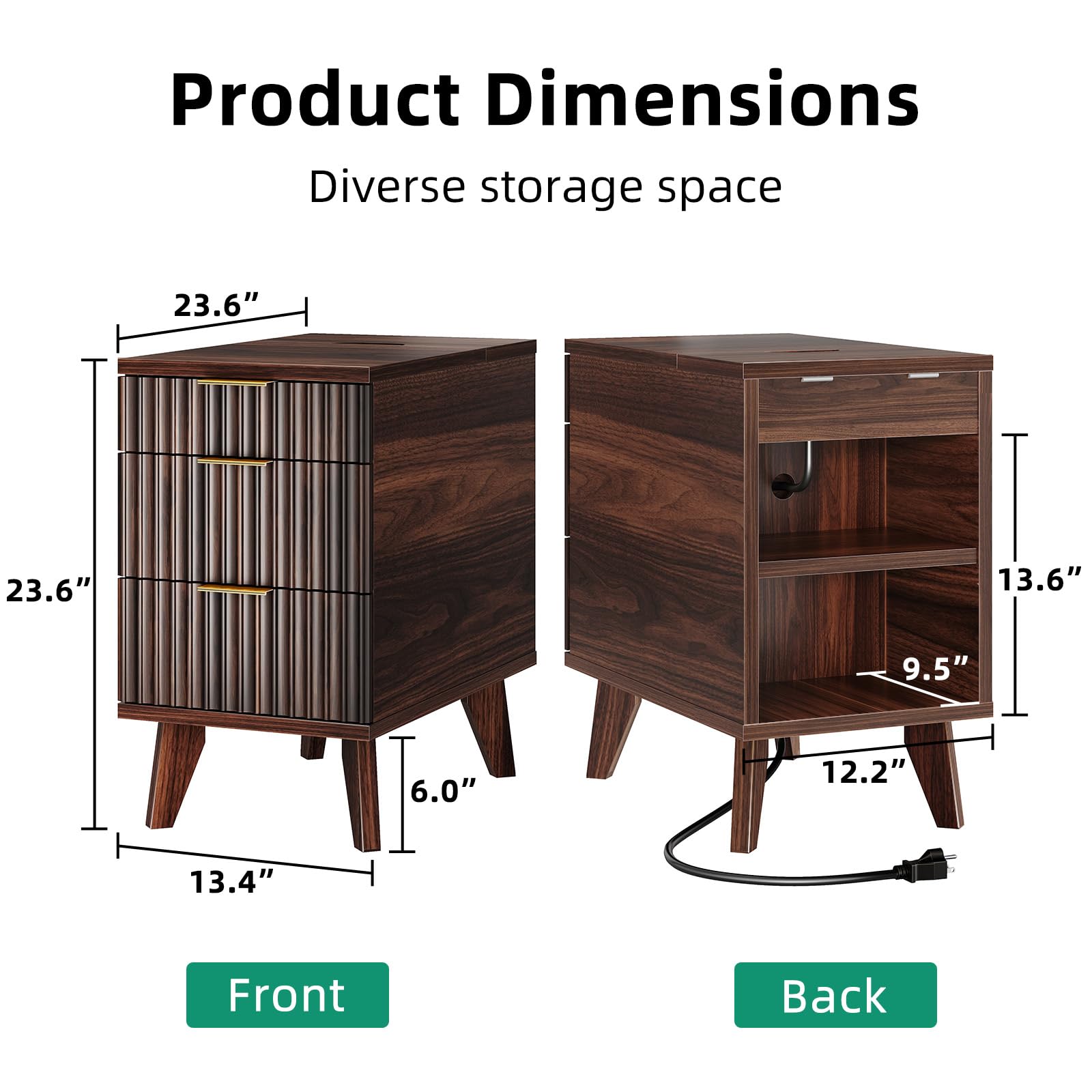 Kalrin Charging Nightstand with Hidden Outlets & 3 Drawers, Modern End Table, Bedside Table with USB Ports, Wave Groove Design, Compact Size, Heavy Duty Engineered Wood, Vintage Brown