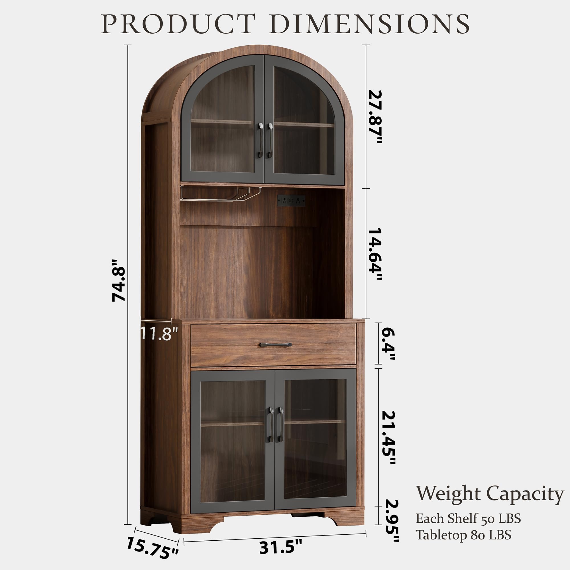 beronbaer 75" Tall Arched Pantry Cabinet with Charging Station & LED Light, Kitchen Pantry Cabinet with Microwave Stand, Drawers and Adjustable Shelf, Coffee Bar Liquor Cabinet for Dining Room