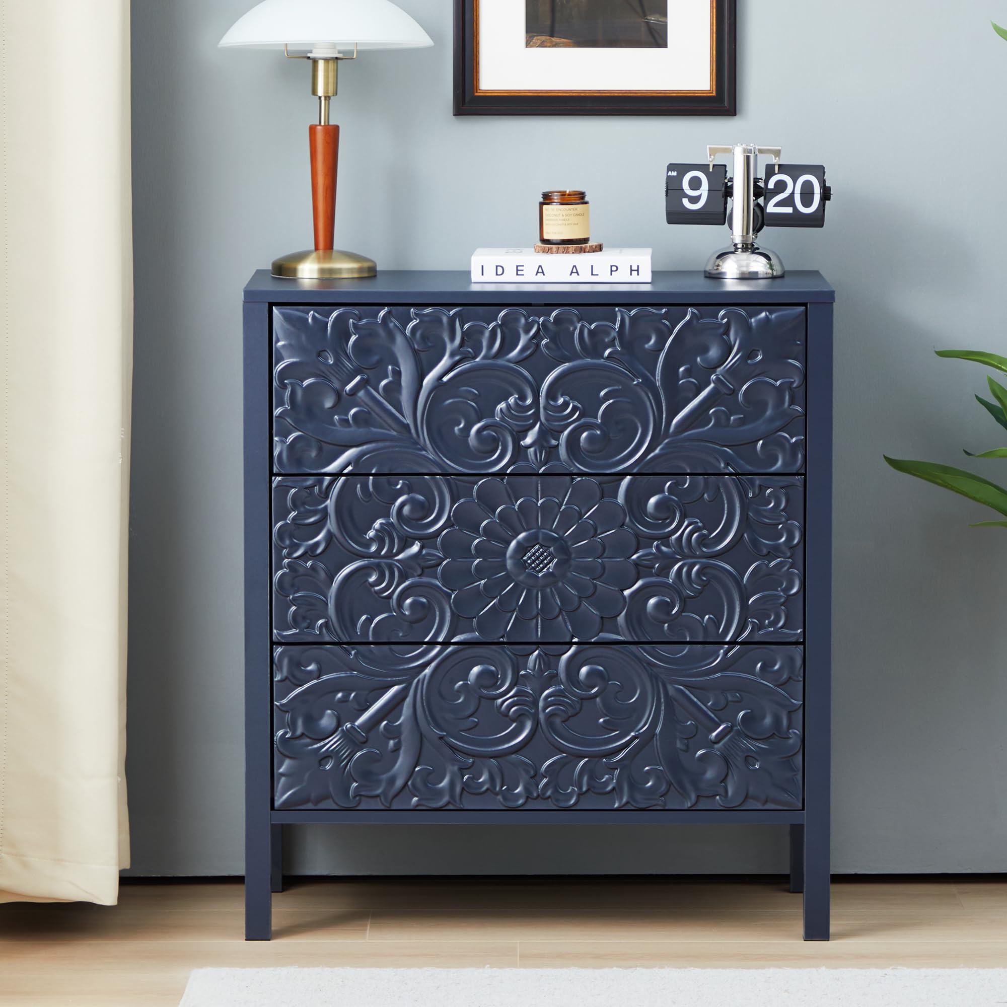 weselon 3 Drawer Flower Motif Dresser, Accent Dresser Chest with 3 Drawers, Luxury Nightstands Set of 2 for Bedroom, Small Wide Nightstand for Living Room, Bedroom, Entryway (2, Gray Blue)