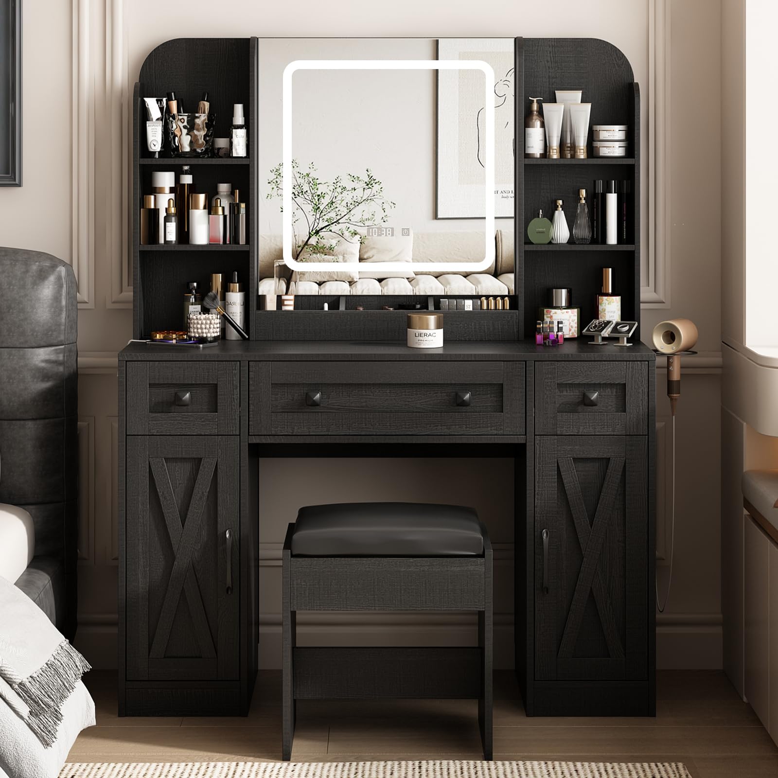 Vabches Black Vanity Desk, Vanity Mirror with Lights, Makeup Desk with Stool, Makeup Table with Large Storage Drawers and Shelves, Time and Temperature Display, 3 Led Lighting Modes Adjustable