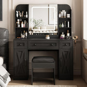 Vabches Black Vanity Desk, Vanity Mirror with Lights, Makeup Desk with Stool, Makeup Table with Large Storage Drawers and Shelves, Time and Temperature Display, 3 Led Lighting Modes Adjustable