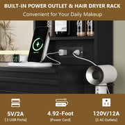 jmhdyg Makeup Vanity Desk with Lights, Fluted Vanity with 4 Drawers, Open Shelves, Power Outlet, LED Lighted Mirror, 3 Lighting Modes & Brightness Adjustable, Wood Dressing Table for Bedroom,Black