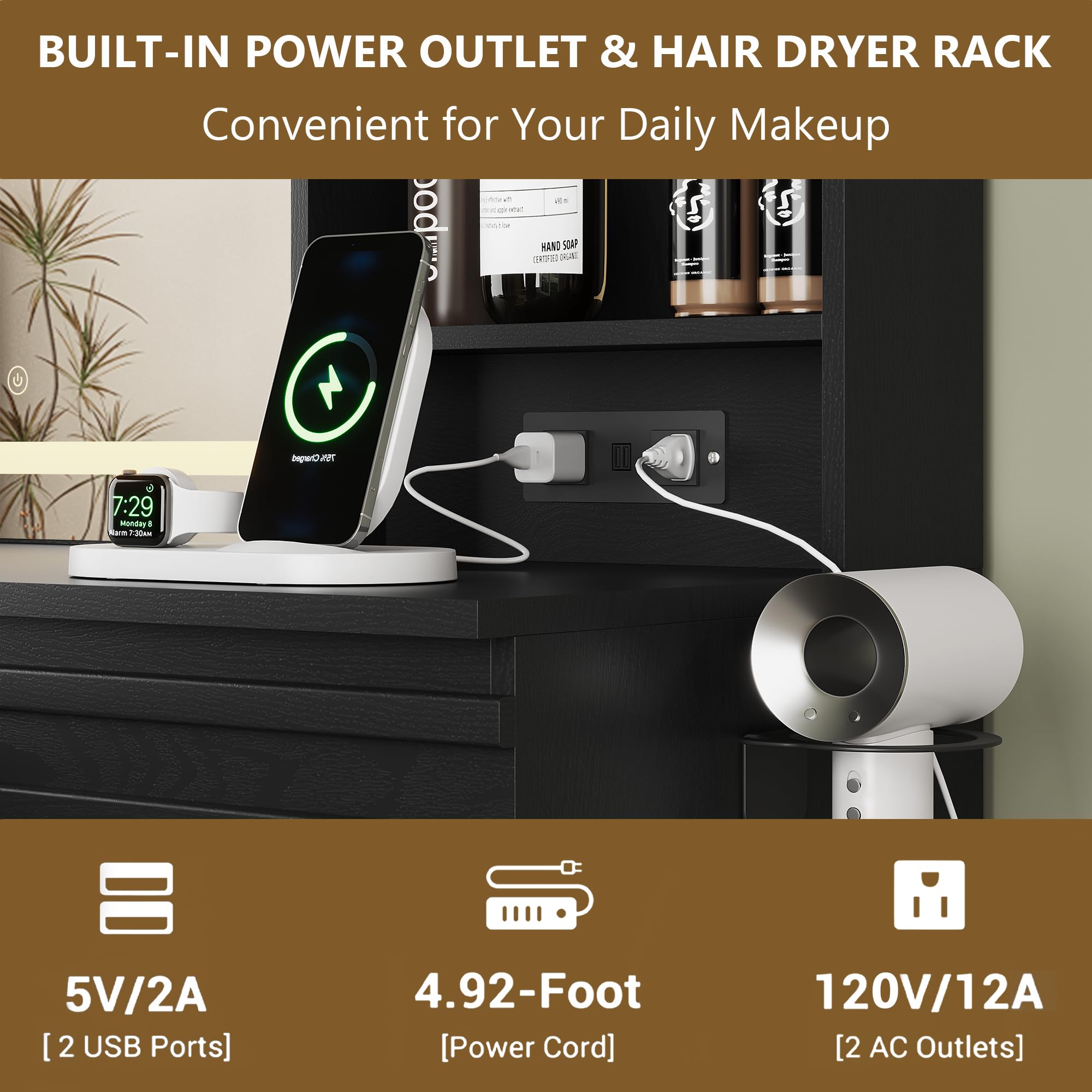 jmhdyg Makeup Vanity Desk with Lights, Fluted Vanity with 4 Drawers, Open Shelves, Power Outlet, LED Lighted Mirror, 3 Lighting Modes & Brightness Adjustable, Wood Dressing Table for Bedroom,Black