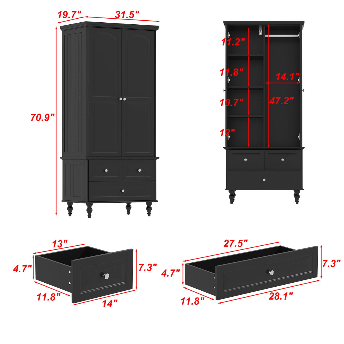 Black Wardrobe with 3 Drawers
