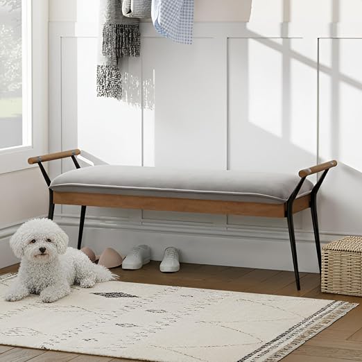 White Chenille Bench with Arms