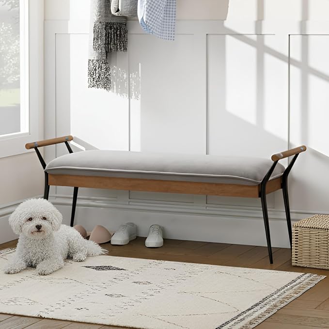 Upholstered Ottoman Bench with Arms & Metal Legs