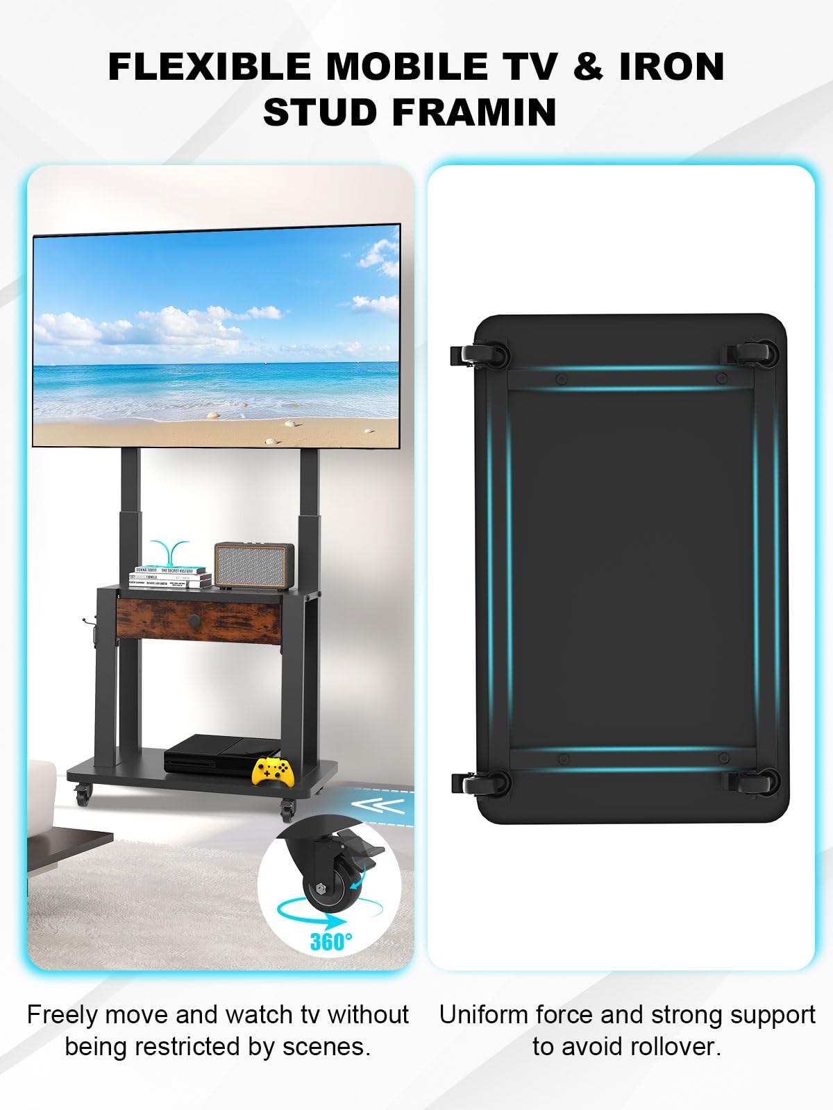 Rolling TV Stand with Drawer Storage