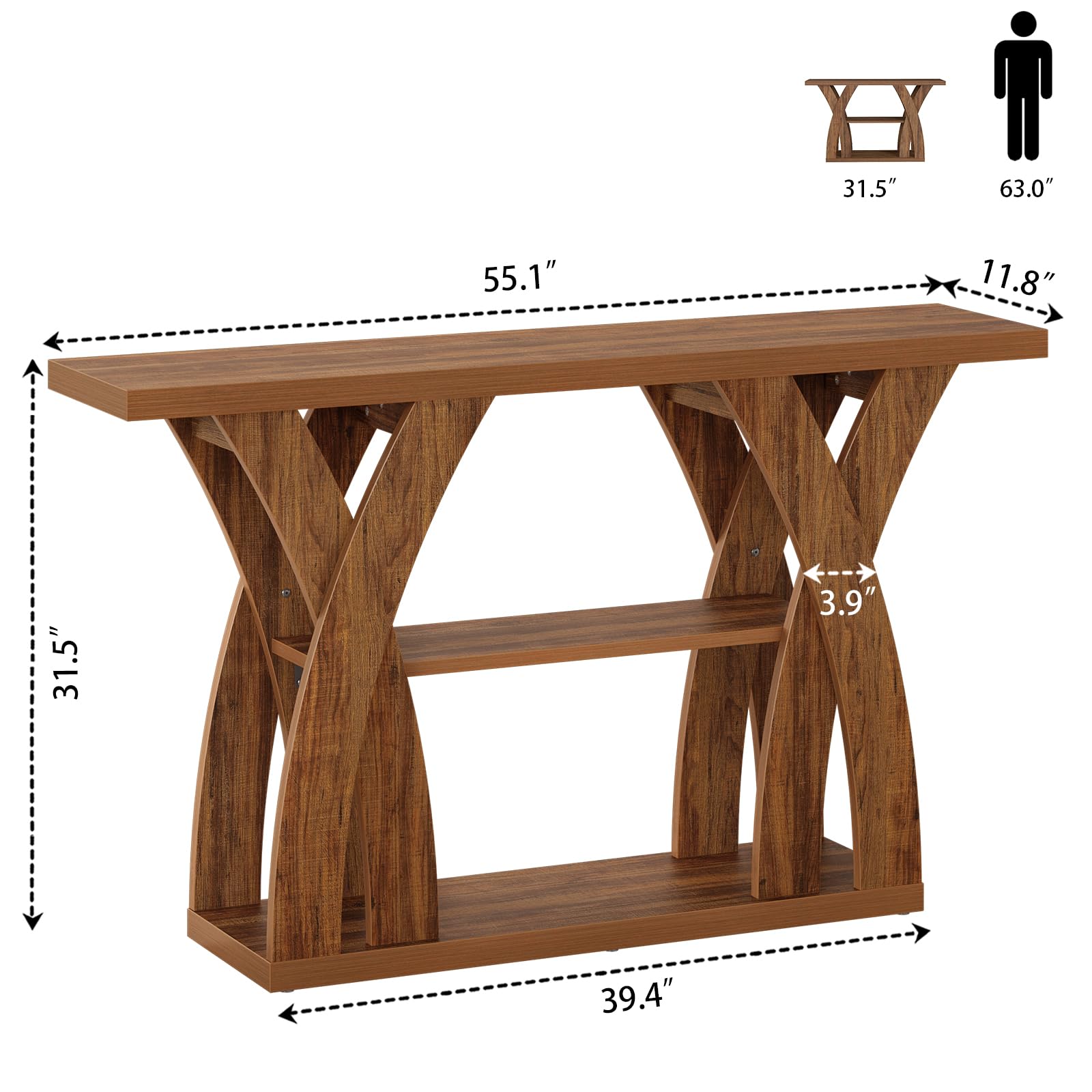 Tarnorci 55 inch Farmhouse Entryway Table, Console Table with 3-Tier Storage, Rustic Striped Brown X-Shaped Narrow Entry Table for Behind Couch, Living Room, Hallway, Foyer