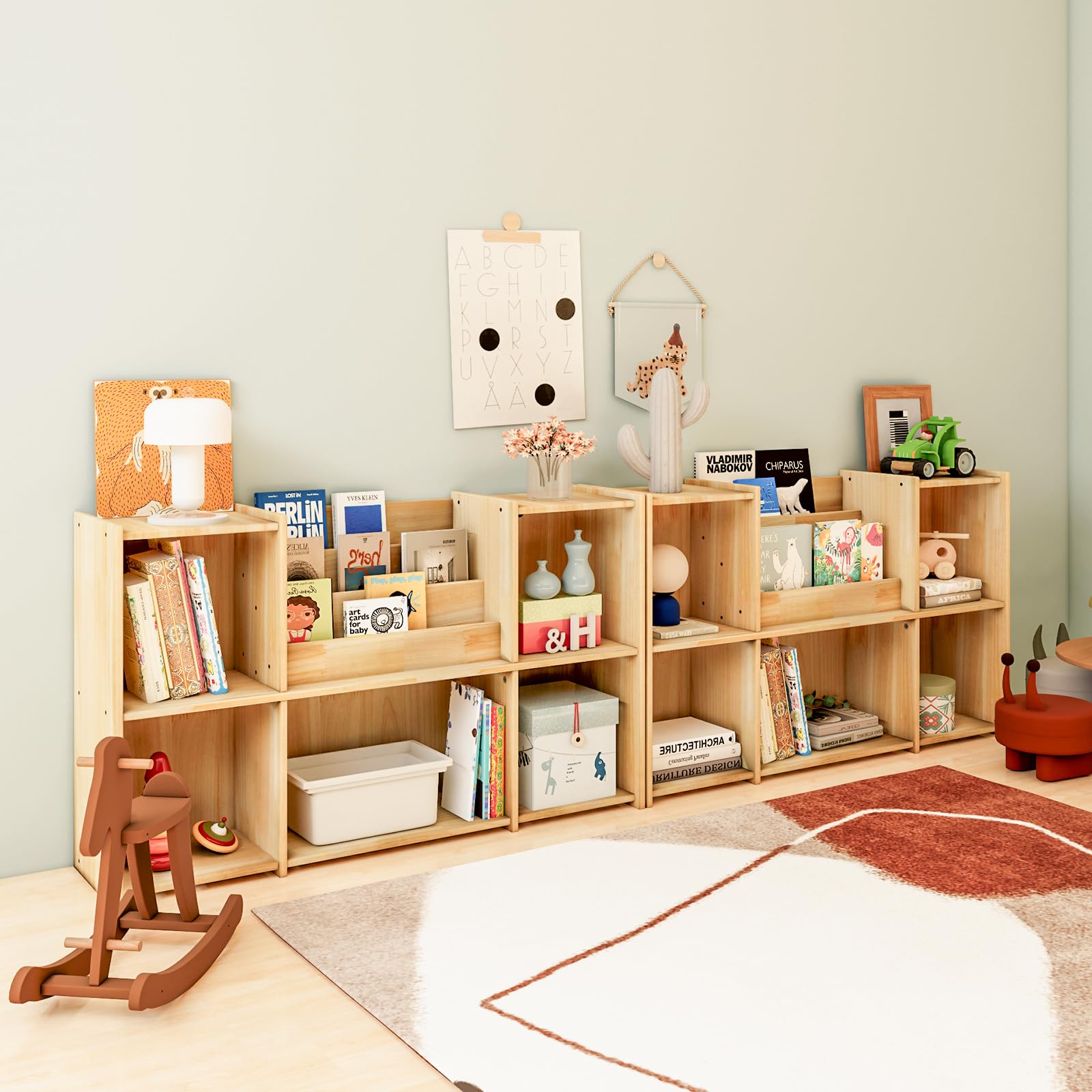 Chyanmoo Wooden Bookshelf, 2 Tier Low Profile Horizontal Bookcase with Storage Organizer, FSC Certified Wood, Space Saving Display Shelf for Living Room, Bedroom, Home Office
