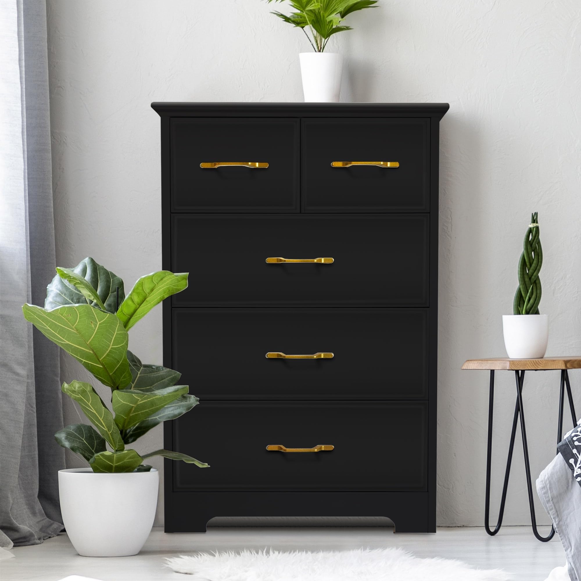 NEDYO 5 Drawer Accent Cabinet, Modern Tall Chest, Wooden Storage Organizer Cabinet fo Living Room, Hallway, Entryway, Office. Black