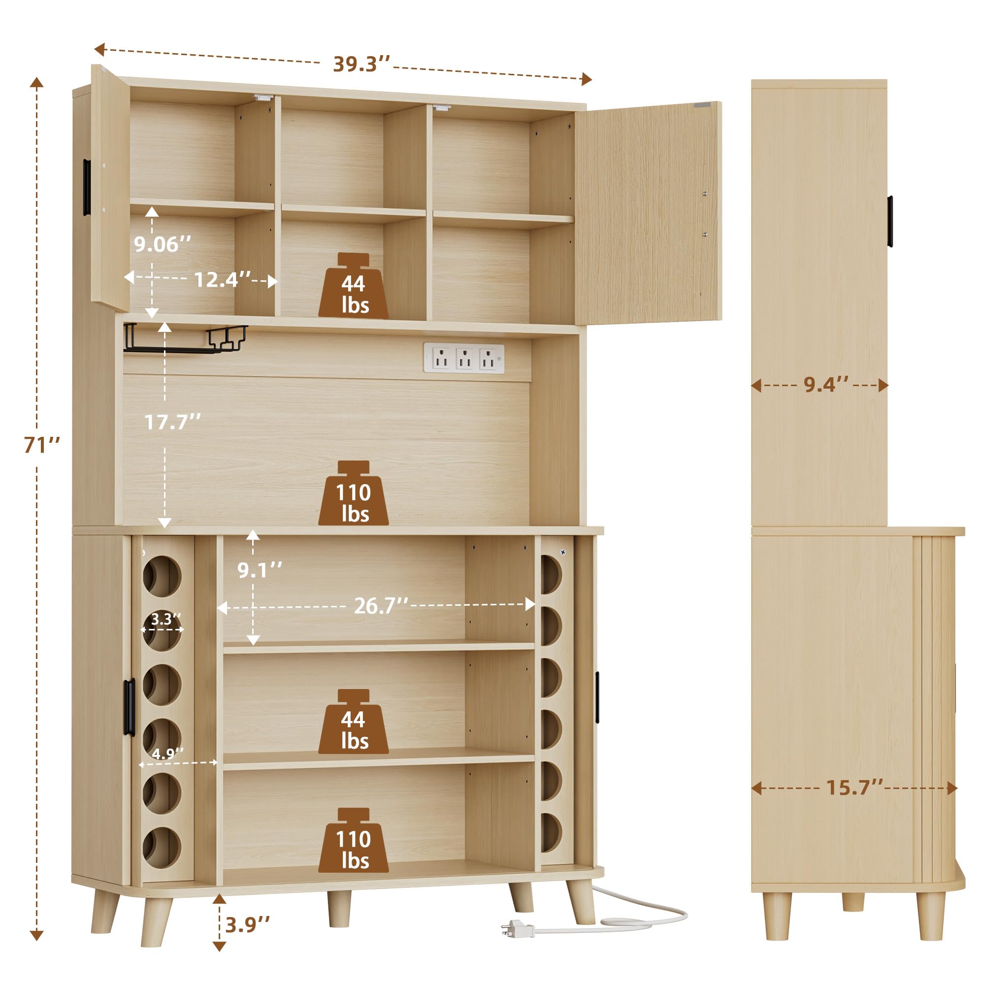 Lulive 71" Tall Pantry Cabinet with Rolling & Sliding Doors, 39" Wide Kitchen Storage Cabinet with Charging Station and Open Countertop, Modern Kitchen Pantry Cabinet for Dining Room, Natrual