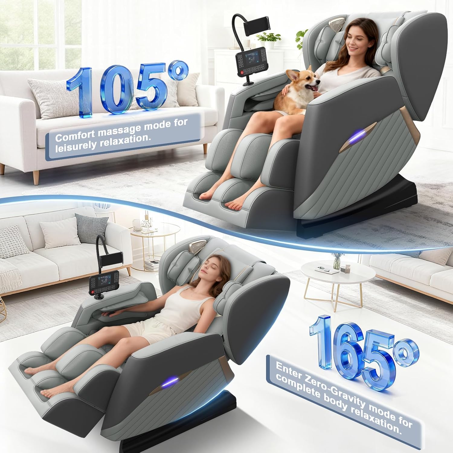 Massage Chair Full Body, Zero Gravity Massage Chair with 16 Fix Rollers, Auto Massage Program, Foot Massage, Recliner Chair with Heating, Touch Screen Controller, Bluetooth Speaker(Light gray)