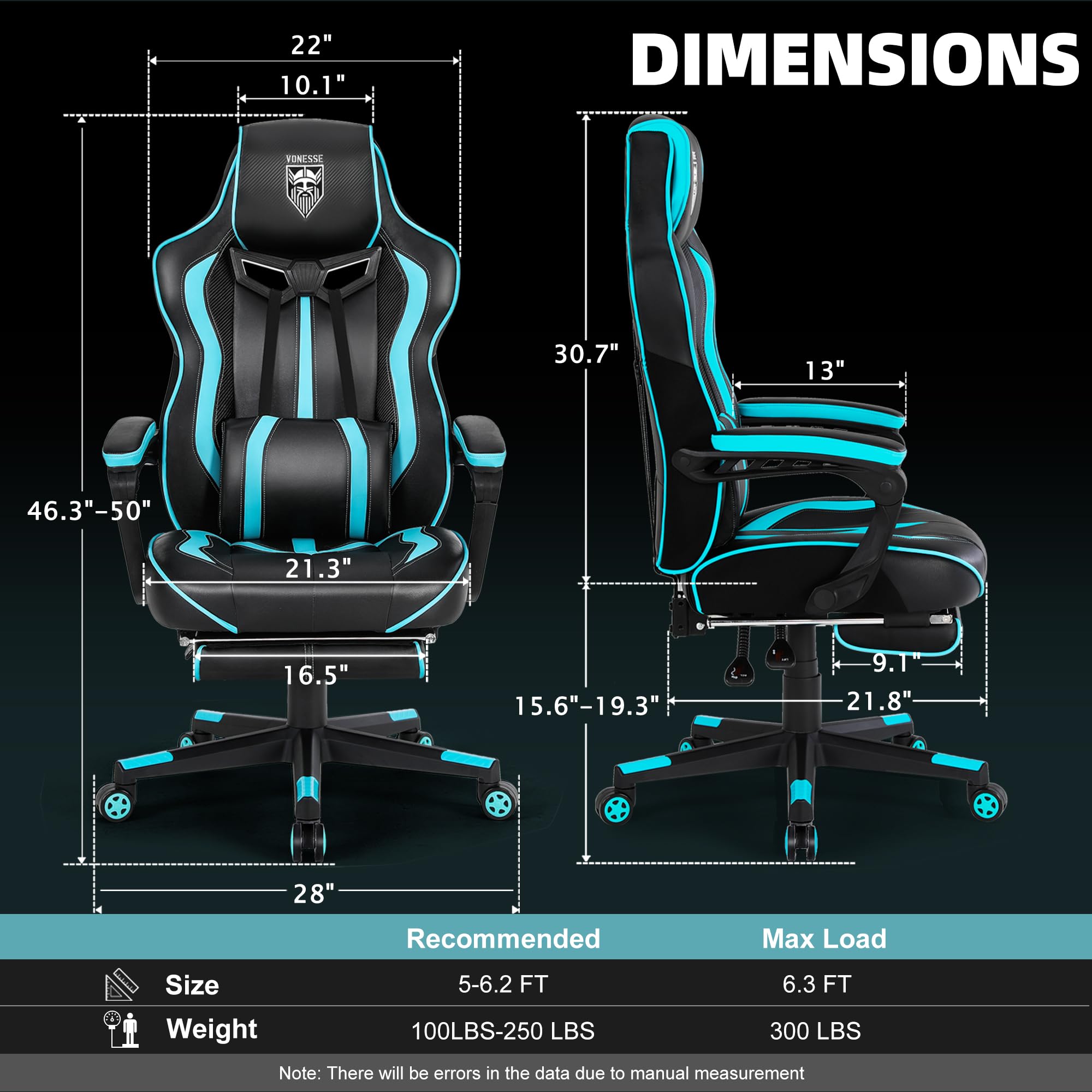 Vonesse Gaming Chairs for Adults, Gaming Chairs with Footrest and Massage, Reclining Computer Chair for Heavy People,Big and Tall Ergonomic Gamer Chair with Lumbar Pillow(Teal/Cyan)