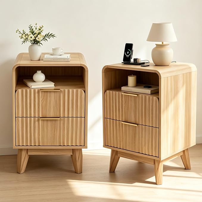 Fluted Nightstand with Charging Station