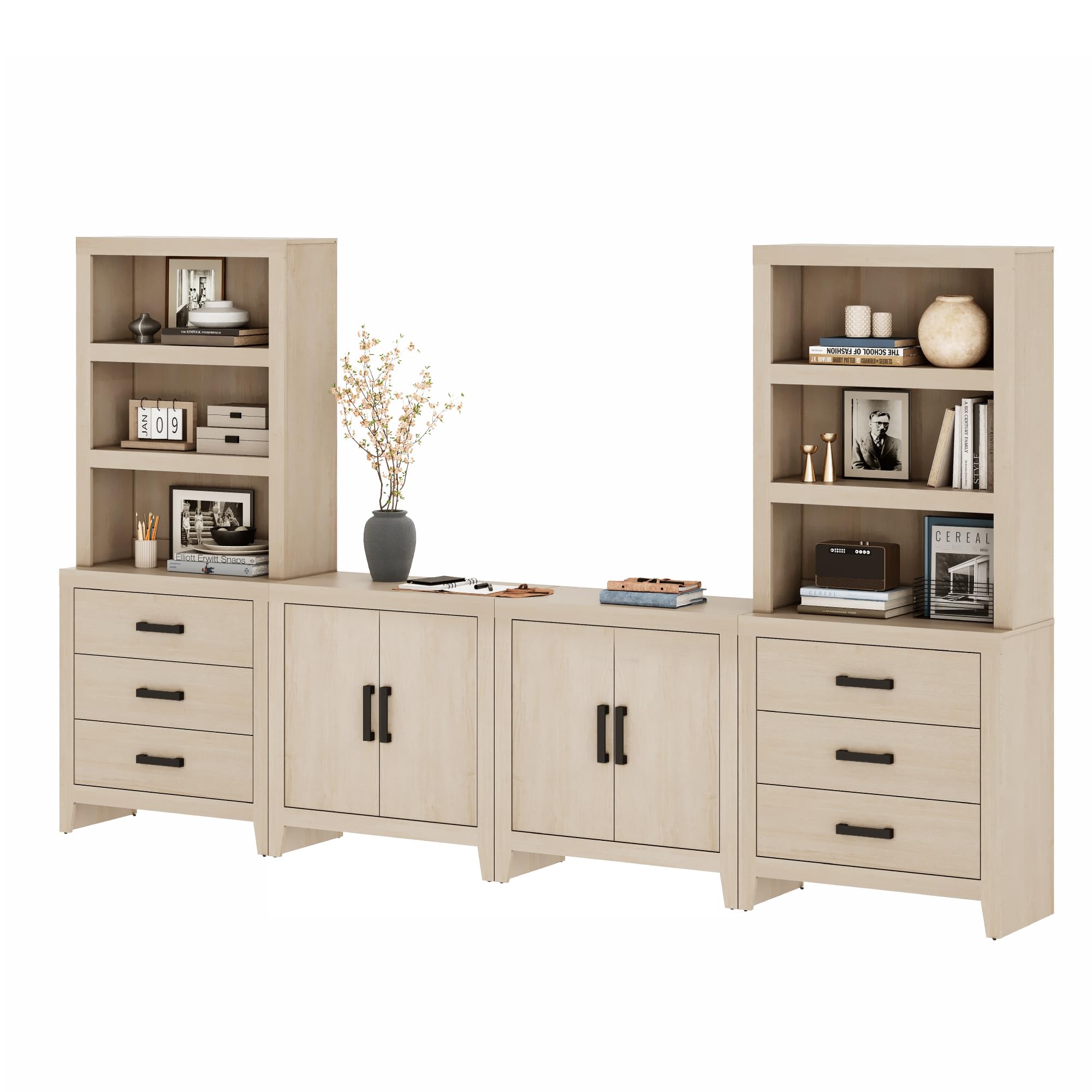 WAMPAT Entertainment Center with Bookshelves, Farmhouse TV Stand for 75 inch TV, Wood Media Console with Adjustable Shelves and Storage Drawers for Living Room, Bedroom, Beige