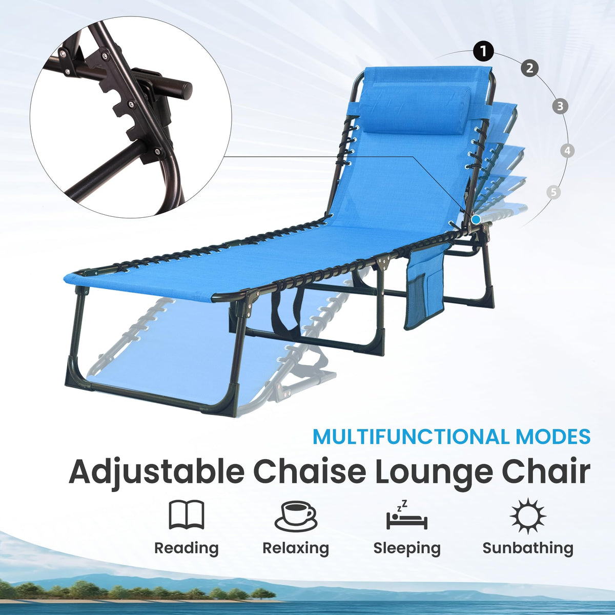 SUNW 2 Pack 400lbs Adjustable Folding Chaise Lounge, Lay Flat Recliner with Pillow & Side Pocket for Patio Pool Camping (Blue)