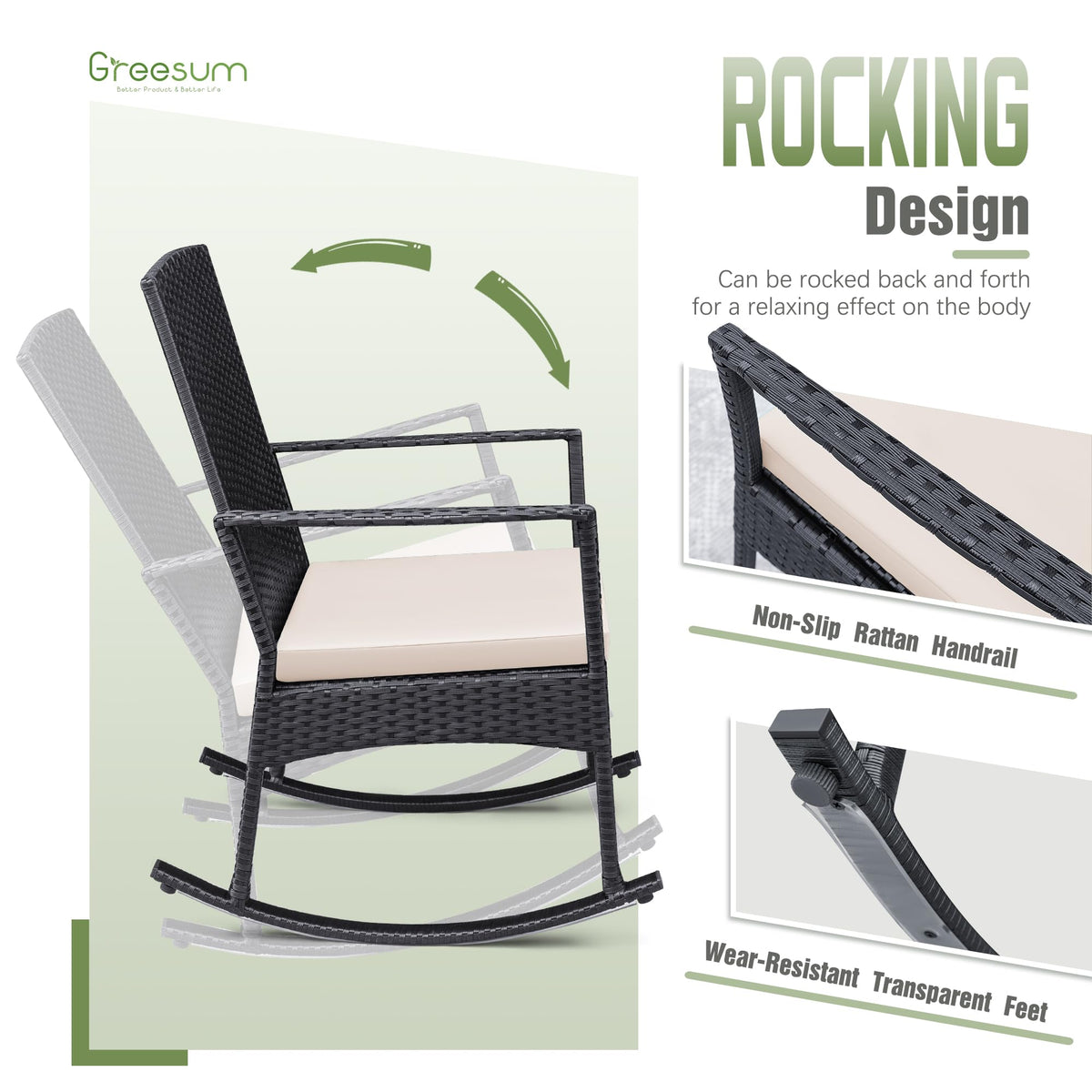 Greesum 3 Pieces Patio Furniture Set Outdoor Wicker Rocking Chairs,Beige