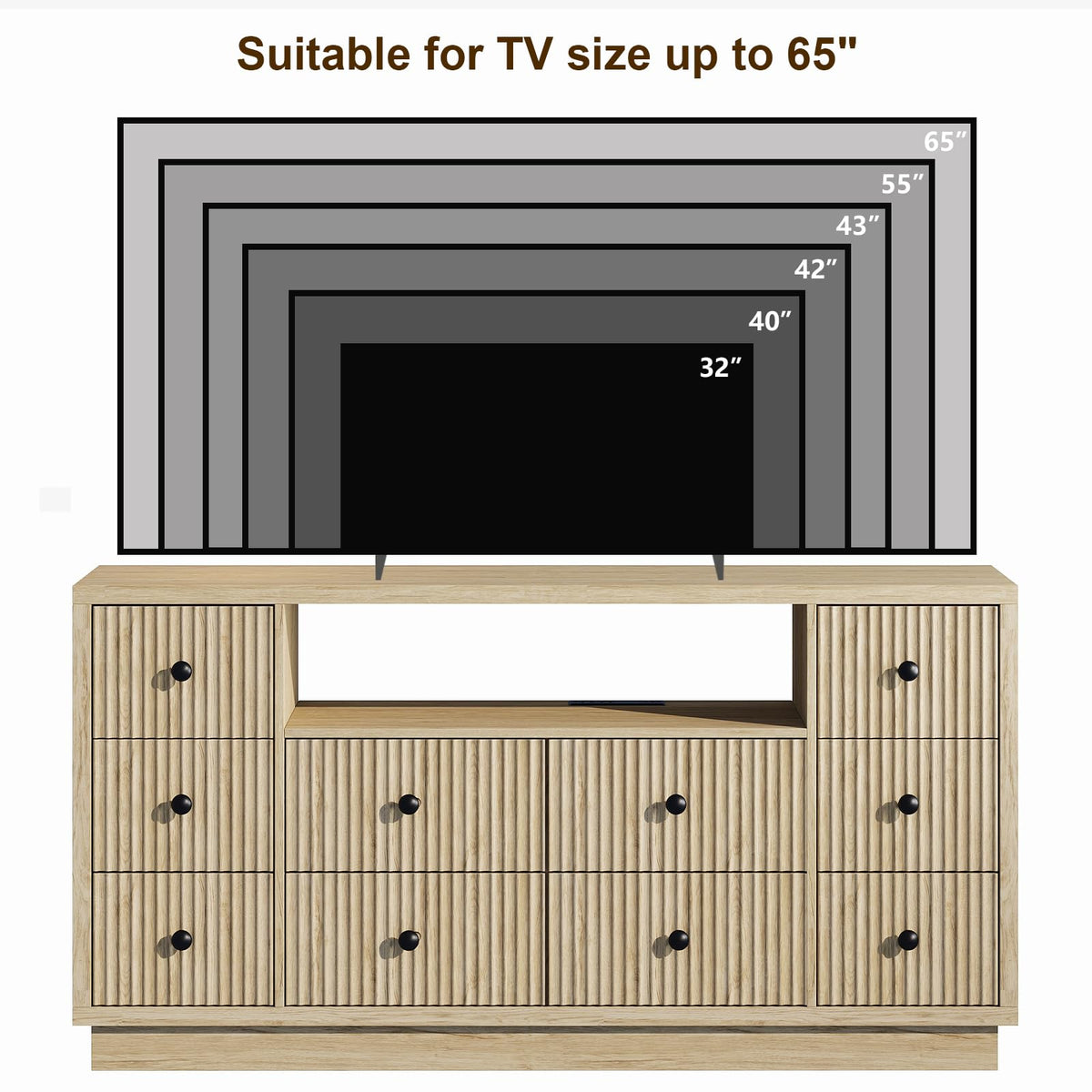 Vordwell Fluted Dresser TV Stand for Bedroom with 10 Drawers, Oak