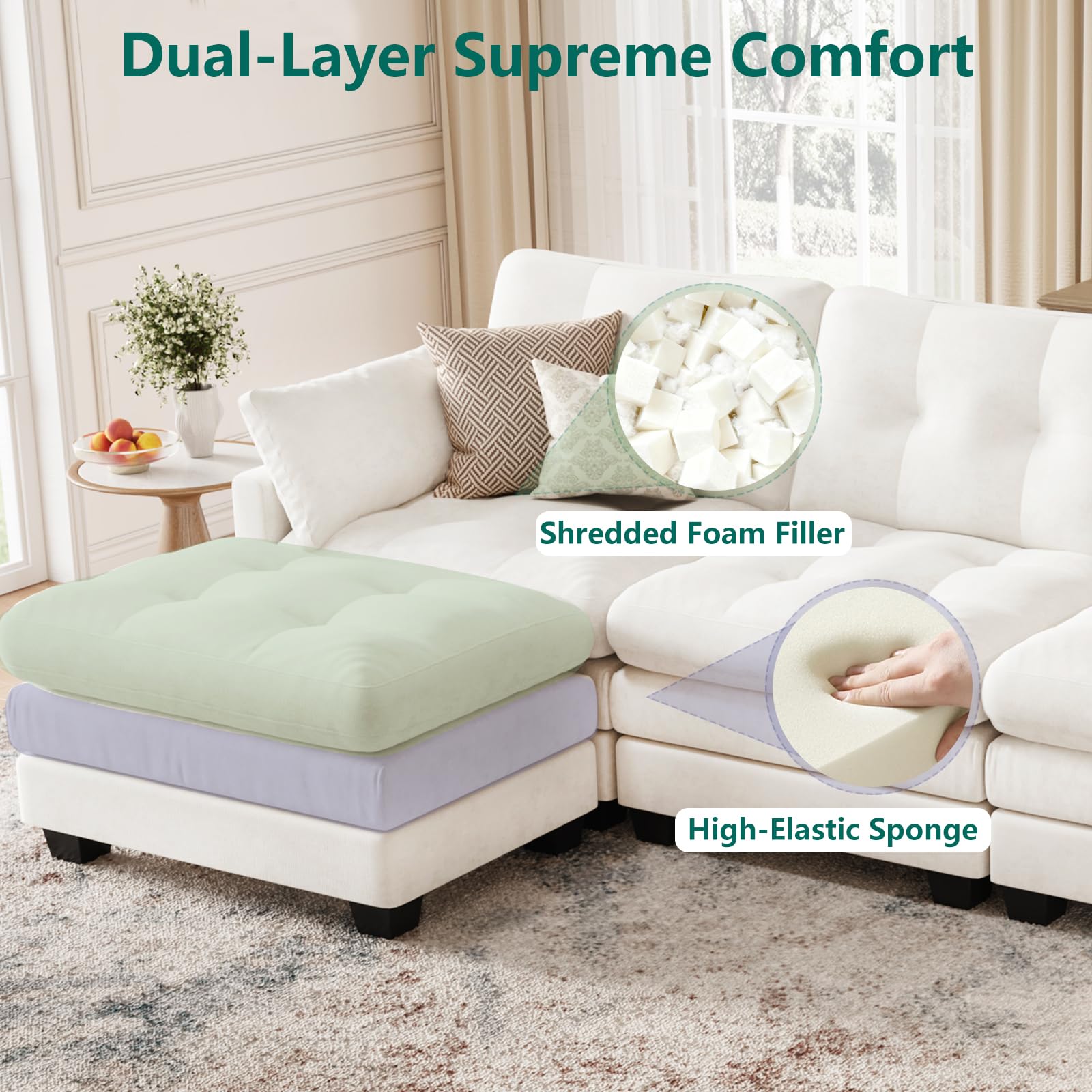 Modular Sectional U Shaped Sofas Couches for Living Room, Tufted Cloud Couch with 2 Movable Ottomans, Comfy Chenille Deep Seat Sofa with Soft Pillows for Bedroom and Apartment, Beige
