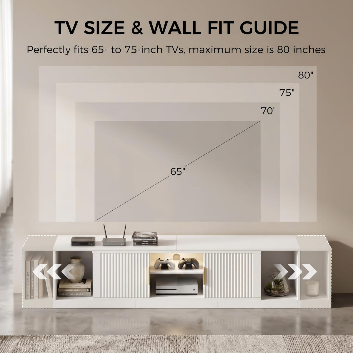 IRONCK TV Stand for 55-80 Inches TVs, 63"-84.6" Adjustable Length, Extendable Corner Entertainment Center with Storage Cabinets, Fluted Doors Modern Media Console, Ideal for Living Room, White