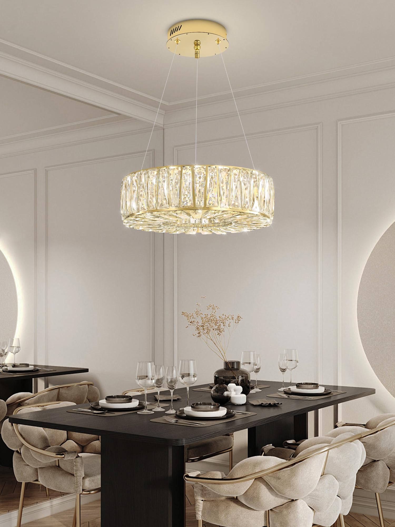 WOSOHYUN 16in Gold Ring Crystal Chandeliers for Dining Room Modern LED Dimmable Ring Pendant Light Chandelier for Living Room Bedroom