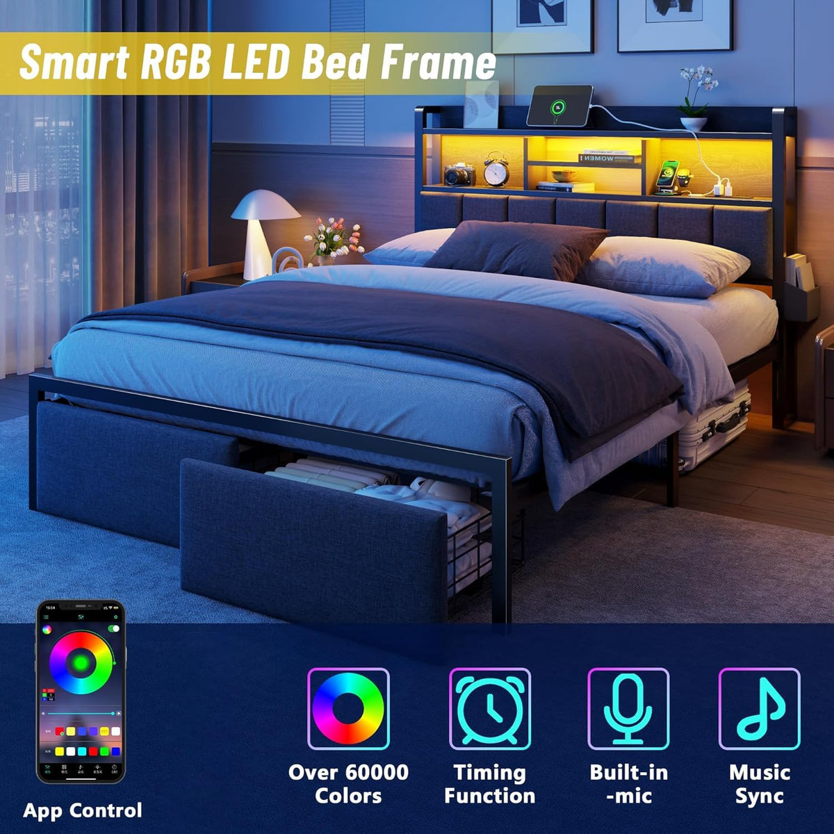 Furnulem Queen Size Bed Frame with Headboard, Drawers, Charging Station