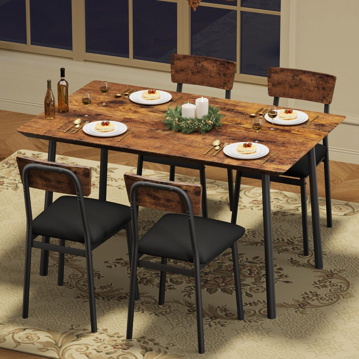 Garvee Dining Table Set for 4 with 4 Upholstered Chairs, Wood Kitchen Table Chairs Set of 4 w/Beveled Edge Design, Dining Room Table Set for 4 for Dining, Small Space, Apartmen,Rustic Brown