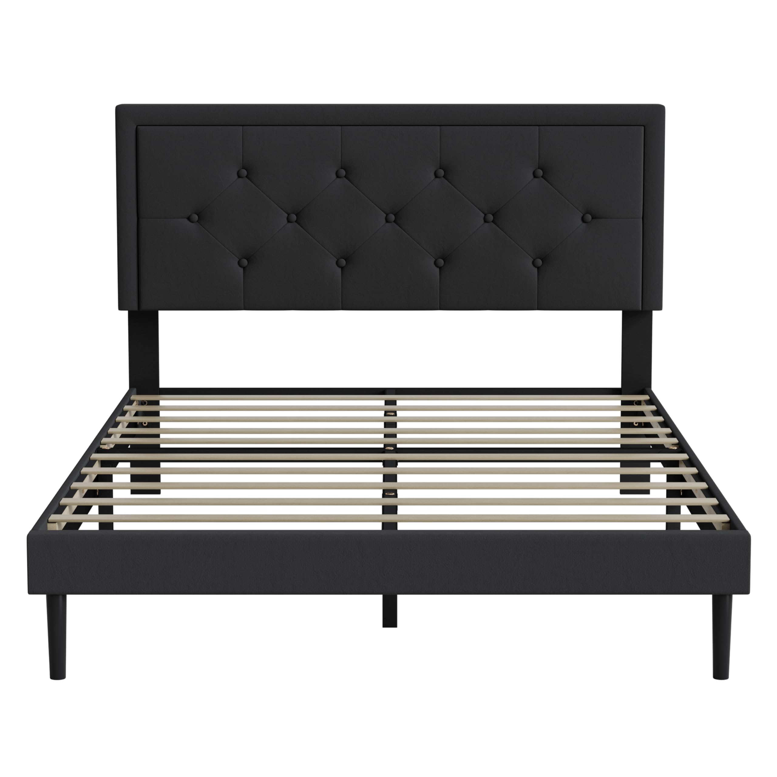 IOILORI Full Size Bed Frame with Upholstered Velvet Headboard, No Box Spring Needed, Button Tufting Design, Strong Wooden Slat, Black