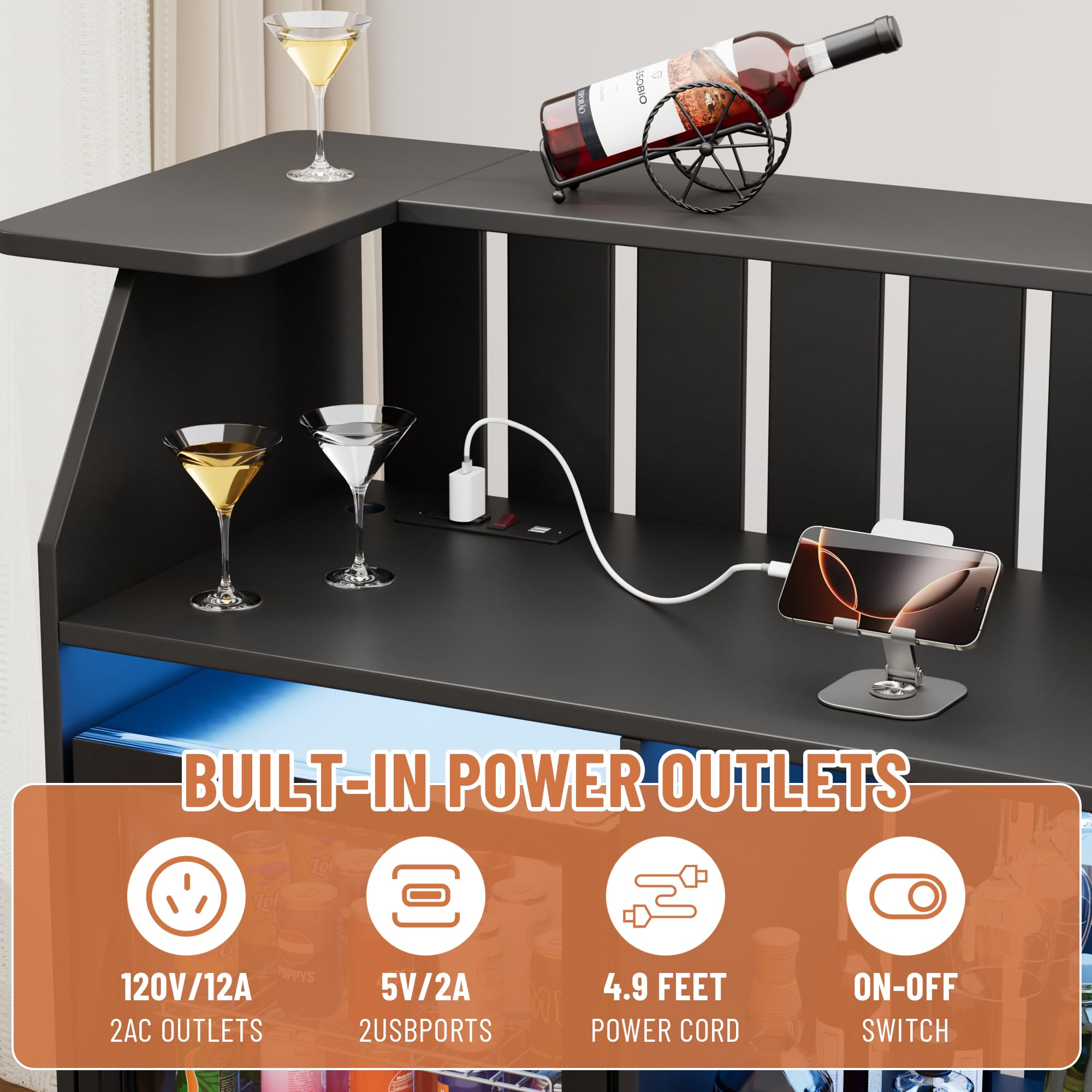 U-Shape Bar Table, Home Bar Unit with Fridge Space, 4 Tier Liquor Wine Cabinet with LED Light, Power Outlet, Wine Glass Holder, Modern Mini Bar with Storage for Living Room, Basement, Home Pub, Black