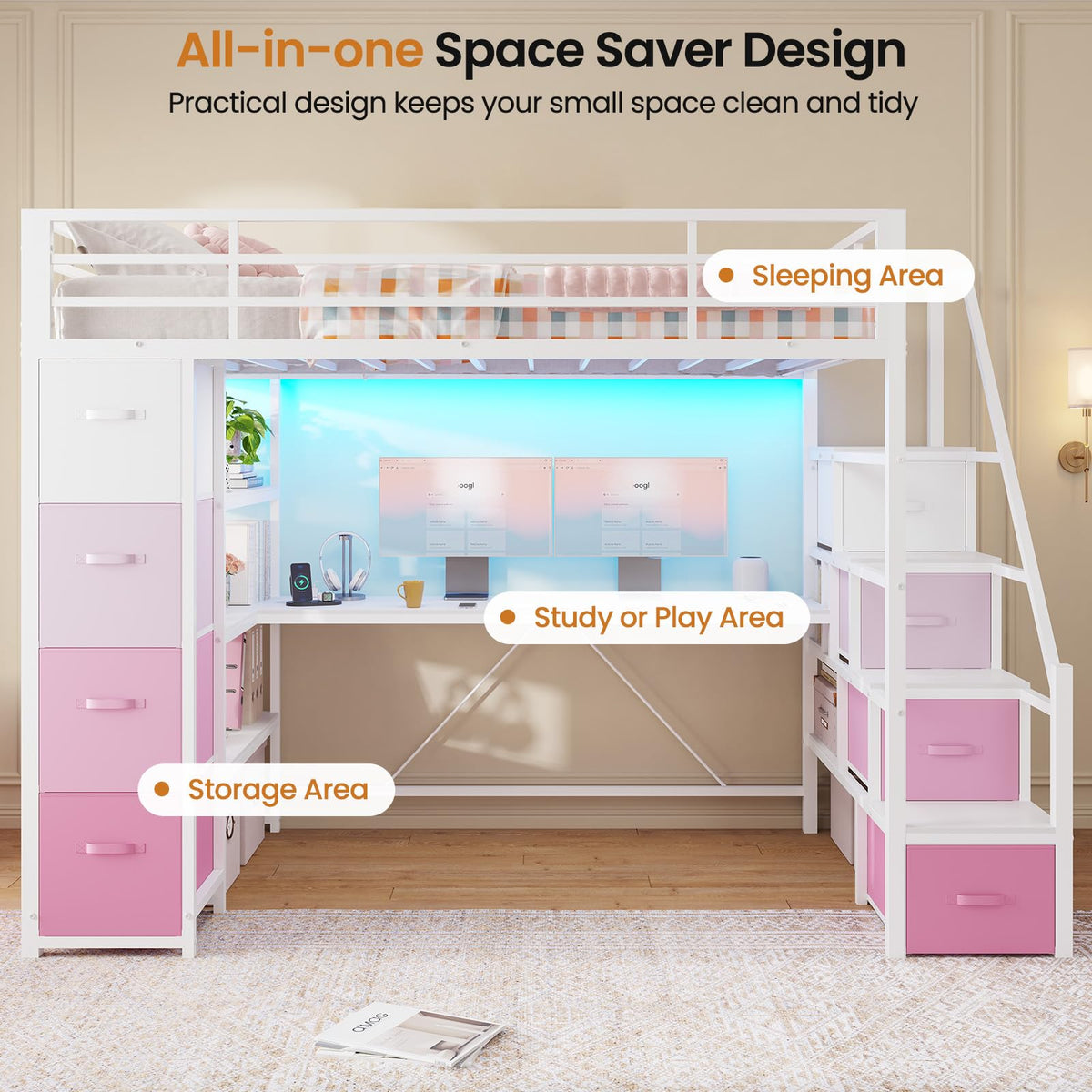 Twin Loft Bed with Desk and Storage Stairs