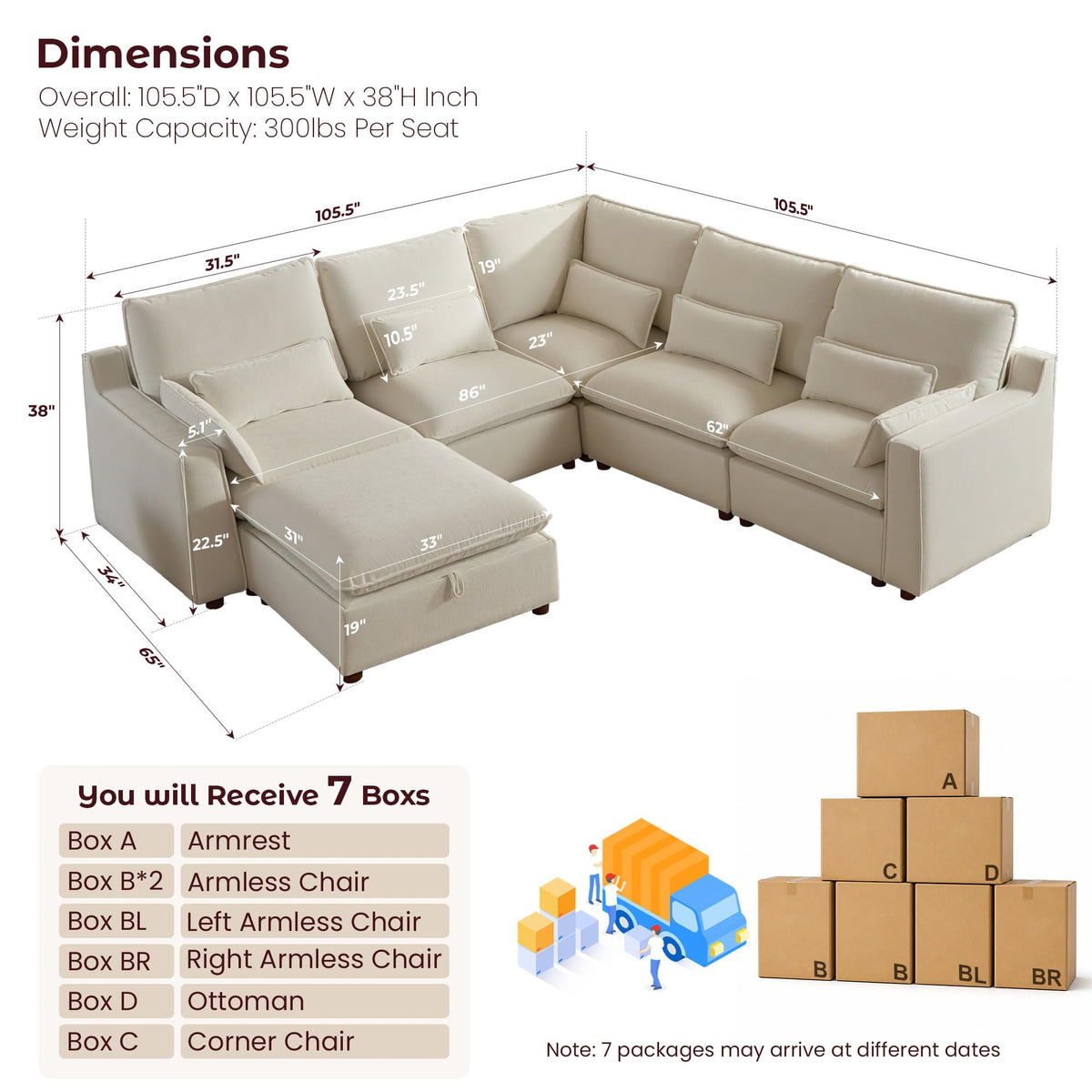 WorthFurni Modern Modular Sectional Sofa,105" V Shape Sectional Cloud Couch with Storage Ottoman,Comfty 6 Seat Sofa for Living Room,Beige Chenille