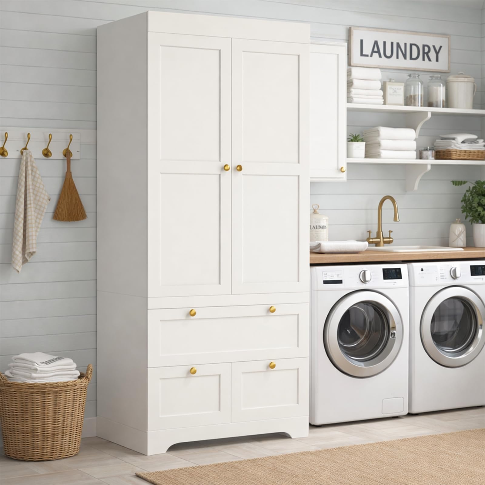 2-Door Wardrobe Closet with Drawers & Hanging Rod