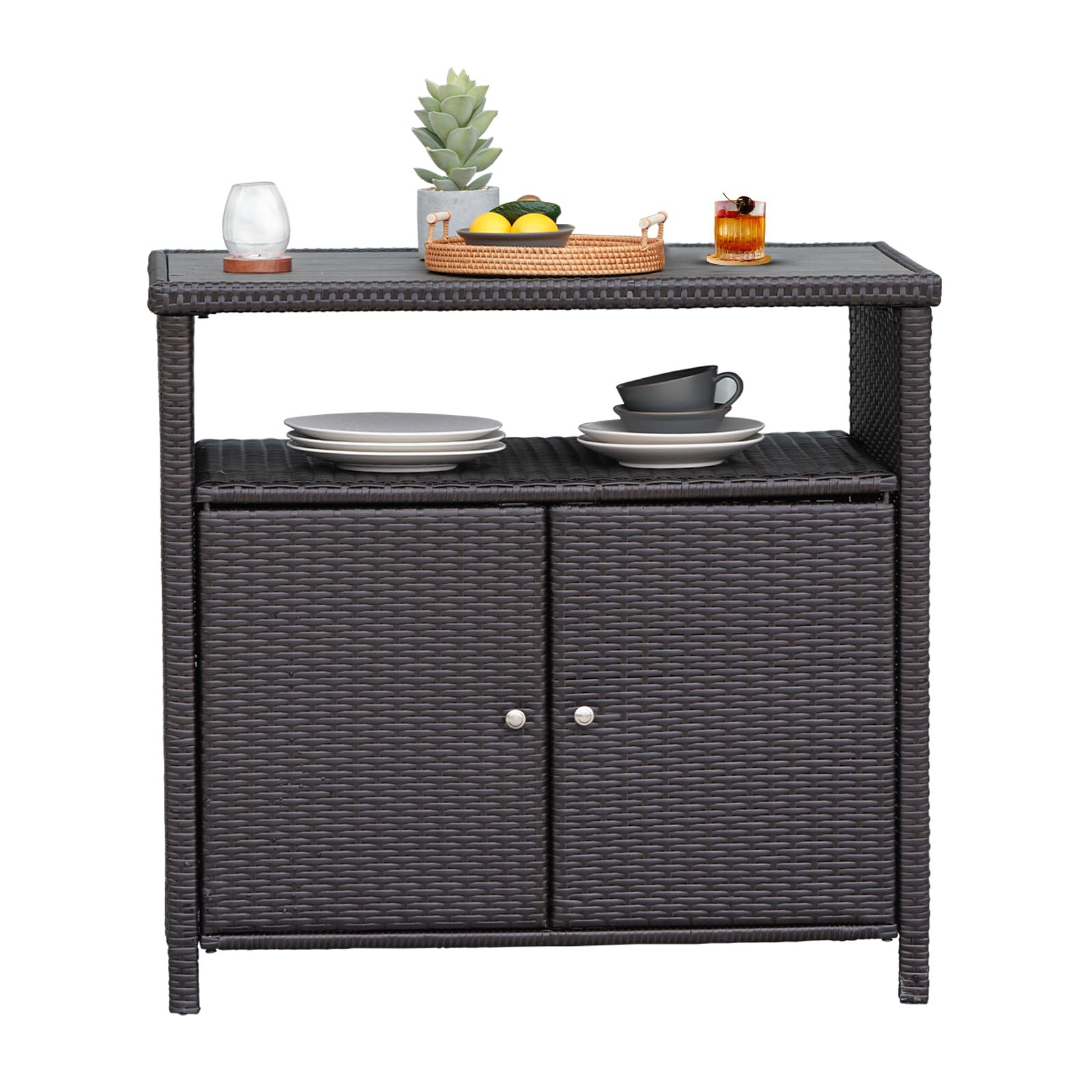 Wicker Storage Cabinet with Doors & Shelves