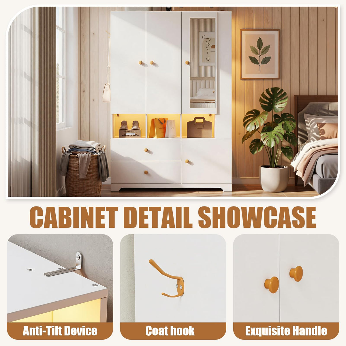 PAKASEPT 3‑Door Armoire Wardrobe Closet,71" Bedroom Cabinet with Mirror