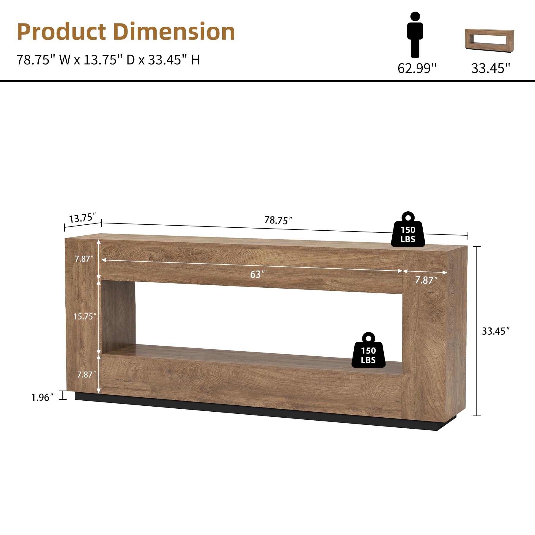 Epecoya 78 Inch Extra Long Console Table for Entryway, 2-Tier Wood Sofa Table Behind Couch with Storage Shelf, Farmhouse Entrance Table with Thickened Base for Living Room, Foyer, Hallway, Oak Brown