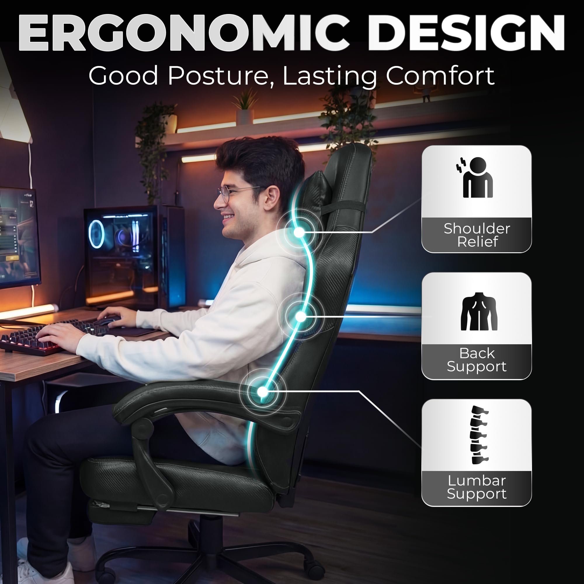 High Back Gaming Chair with Lumbar Support & Footrest