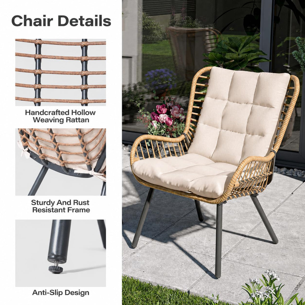 LAUSAINT HOME 3 Piece Outdoor Bistro Set, Small Patio Furniture Set with Coffee Table and Thick Cushions, Front Porch Furniture for Lawn, Garden, Balcony, Poolside, White