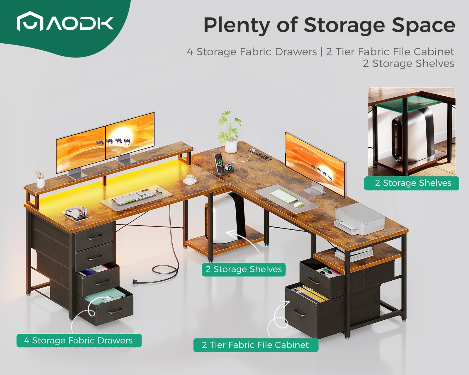 L-Shaped & Long Computer Desk with File Cabinet, LED Lights & Power Outlet