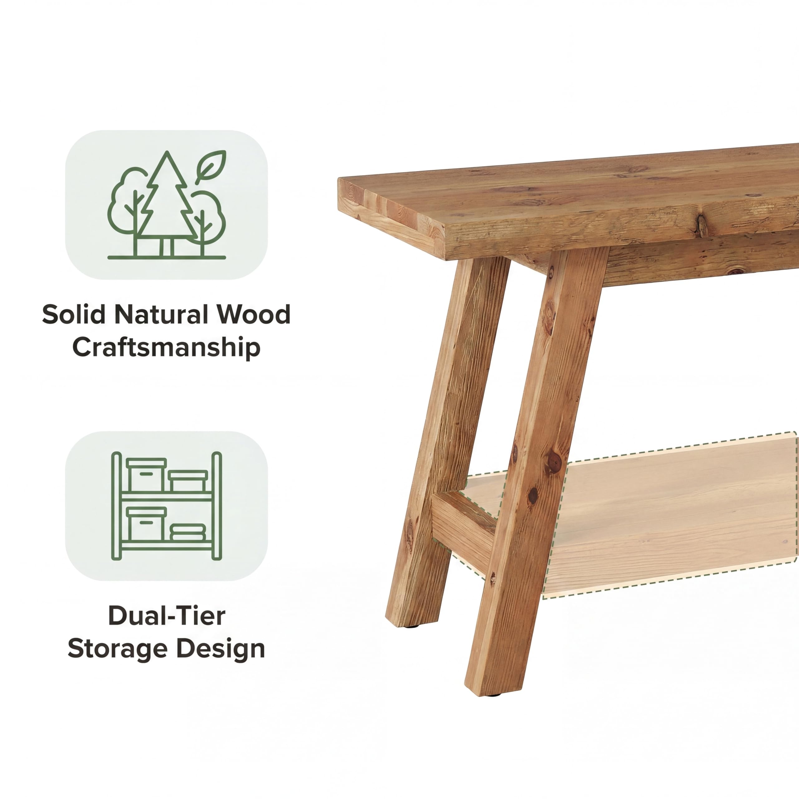 Tribesigns Farmhouse Solid Wood Dining Bench, 63-Inch Rustic Indoor Bench with Lower Storage Shelf for Dining Room, Kitchen, Living Room, Entryway, Natural Wood Finish (1)