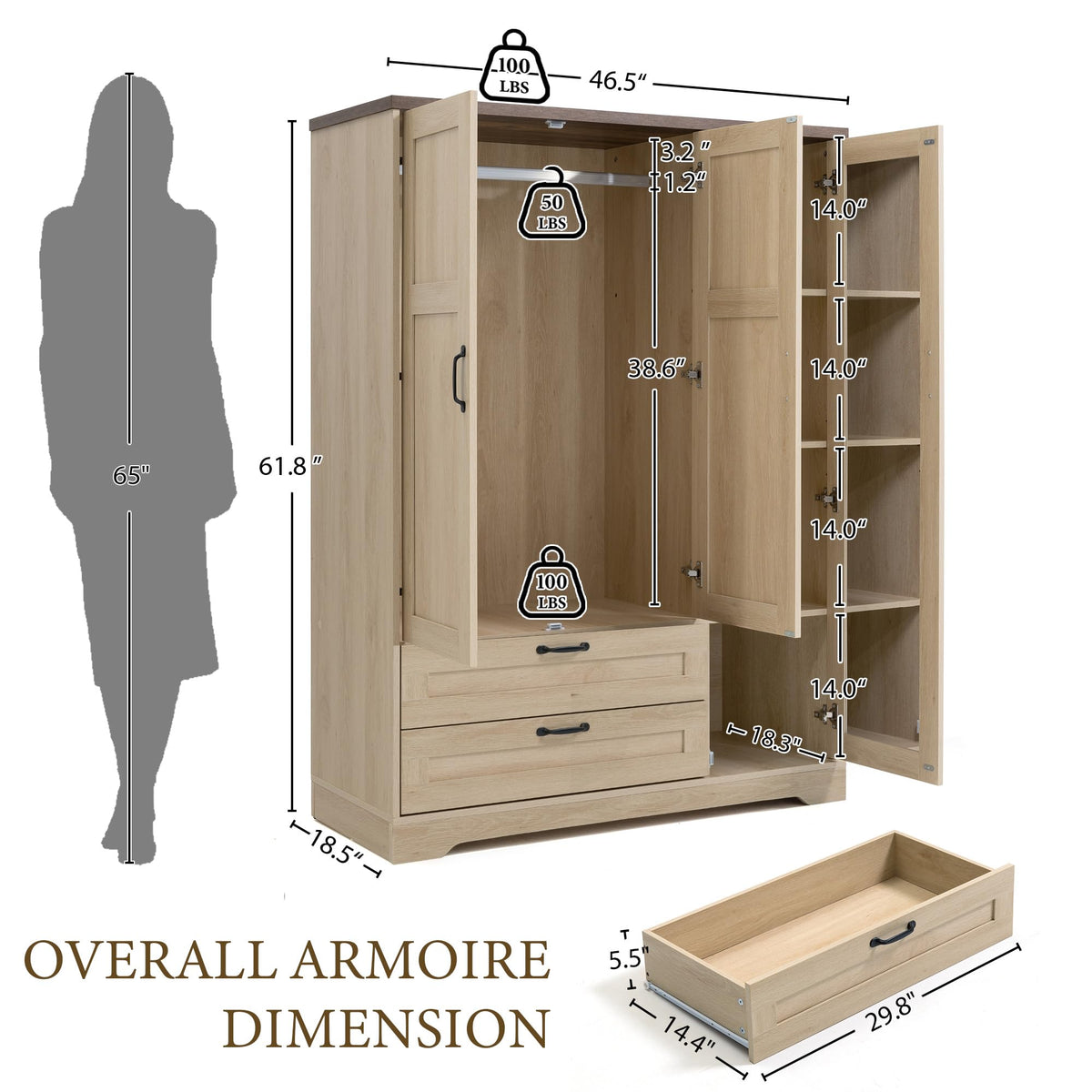Brafab 62" Wooden Armoire Wardrobe Closet with Mirror, Natural, 3 Doors