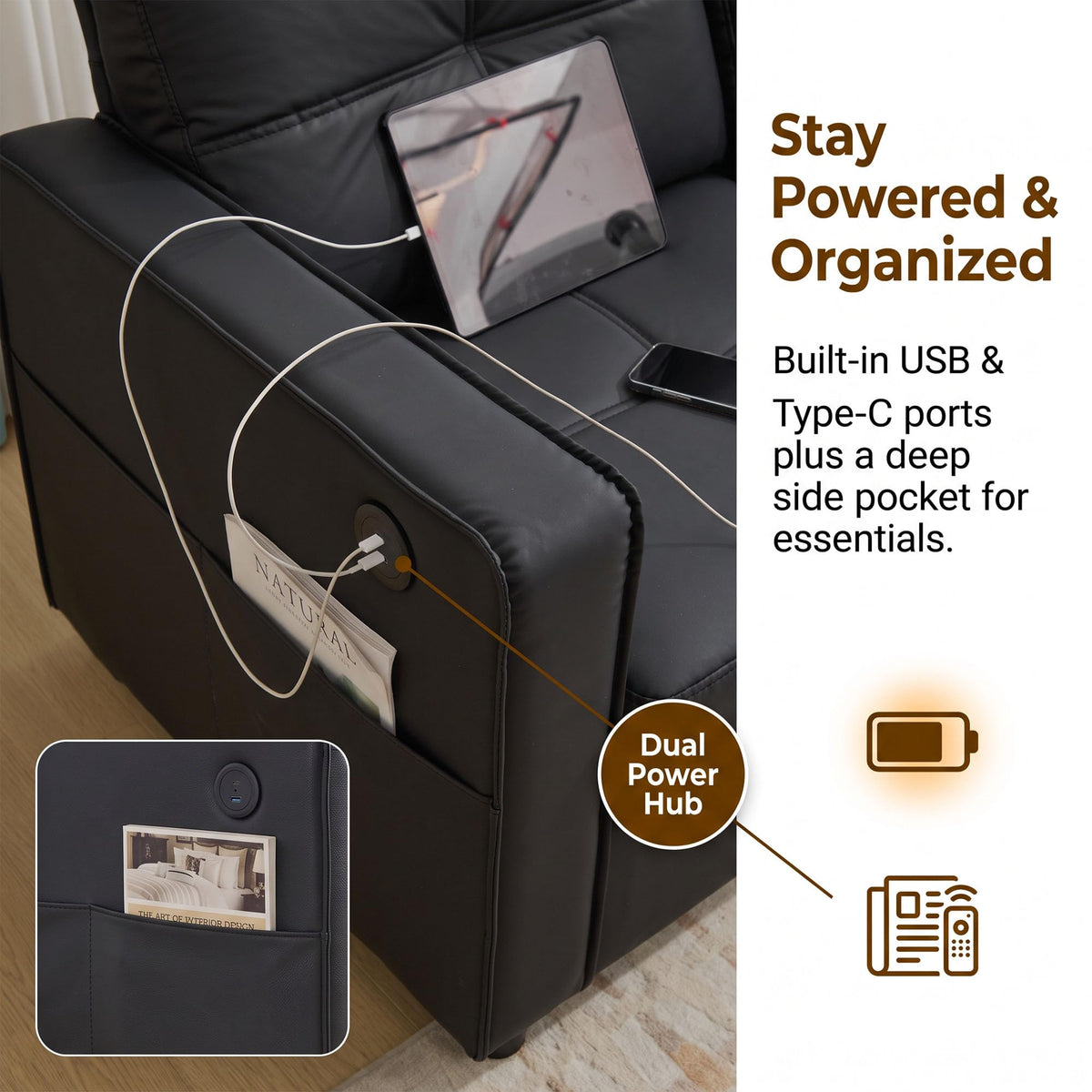 4-Piece Faux Leather Living Room Set, Black