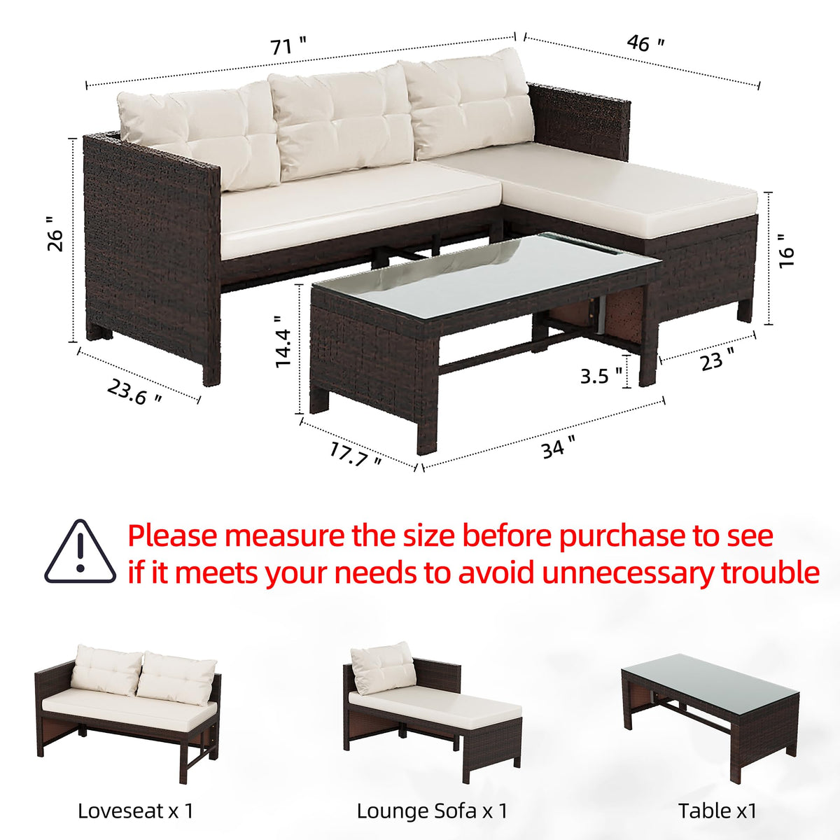 3-Piece Wicker Patio Sofa Set