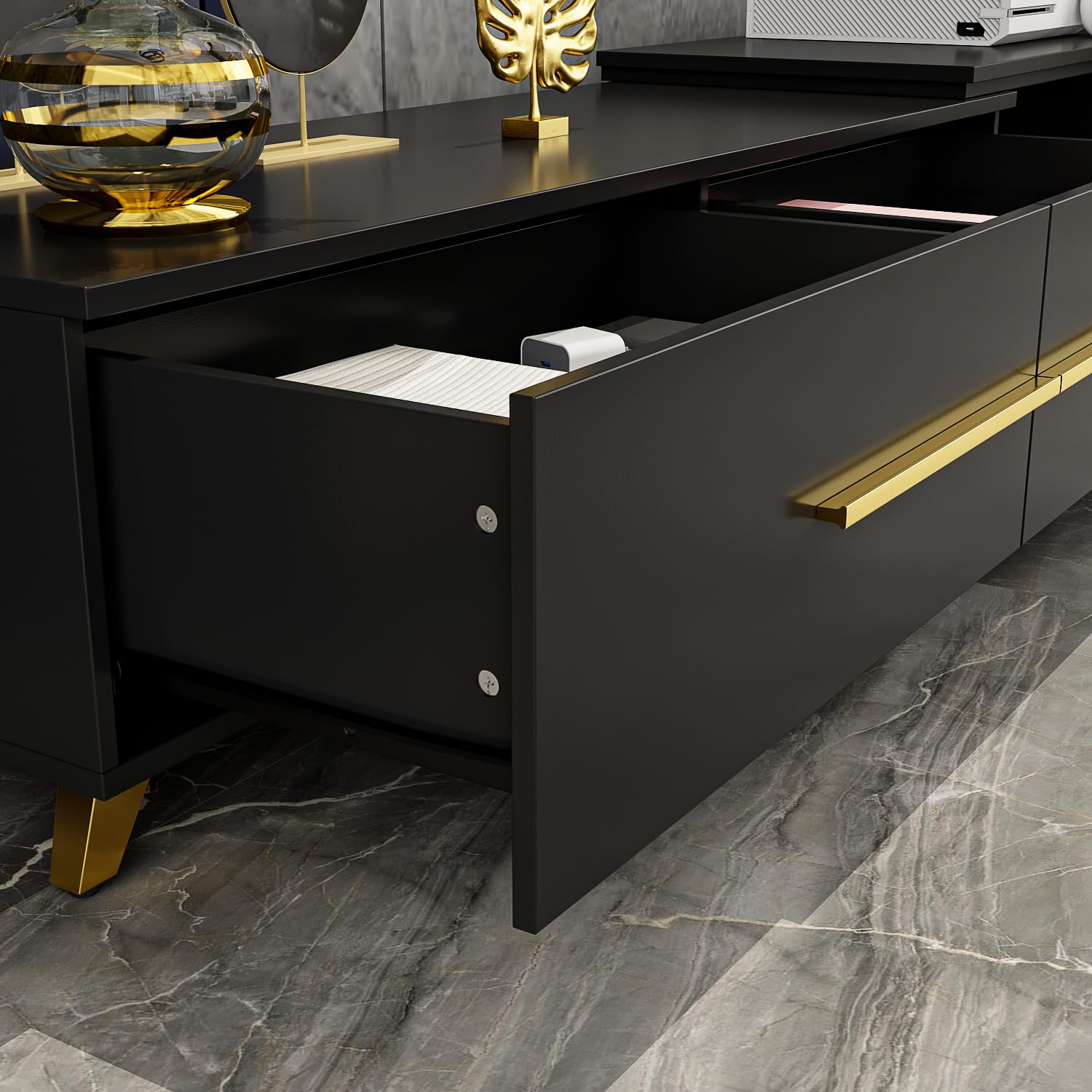 AIEGLE Deformable TV Console in Stretch of 95"-134", Modern Extendable TV Stand with 4 Drawers for TVs up to 120", Wood Media Gaming Entertainment Center Stand, Black
