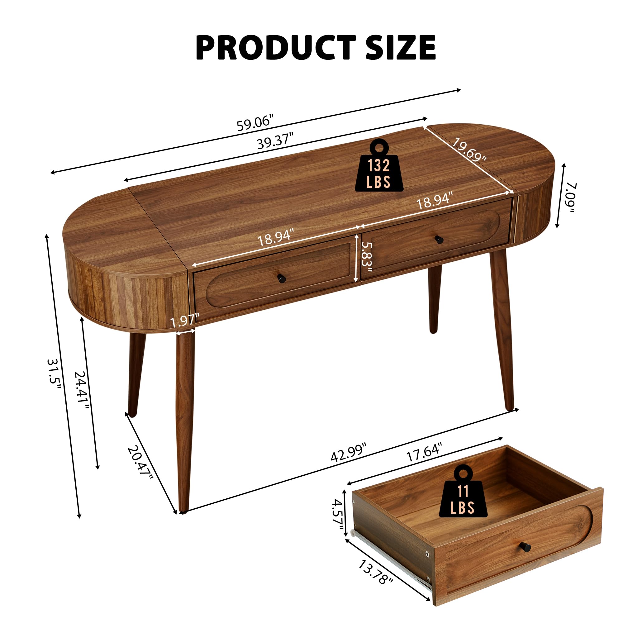Mid-Century Oval Writing Desk with Drawers & Flip Storage