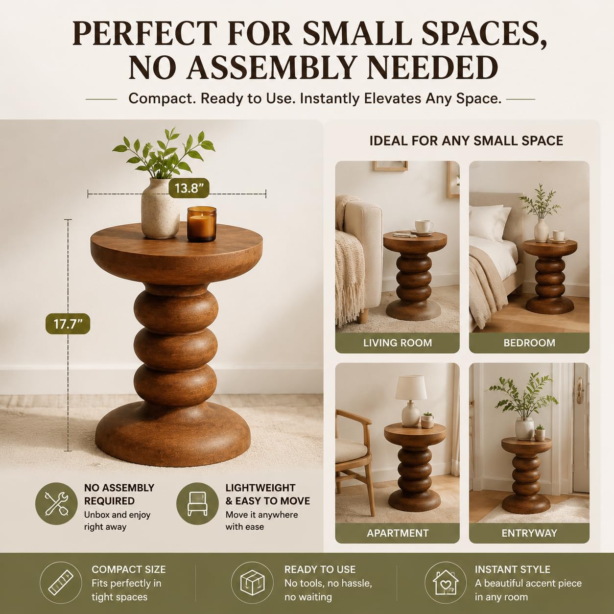 YESWOOD Round End Table, 17.7" Tall Mid Century Modern Side Table, Circle Bedside Tables Drink Table Mango Wood Nightstand for Small Spaces, Living Room