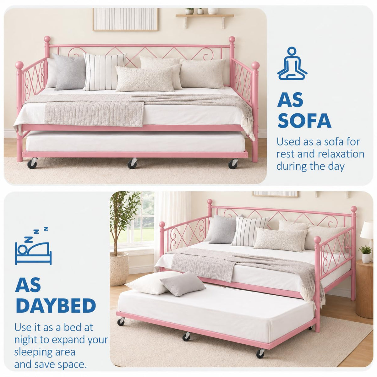 Garvee Twin Trundle Bed,Space Saving Daybed,Metal Sofa Bed for Room
