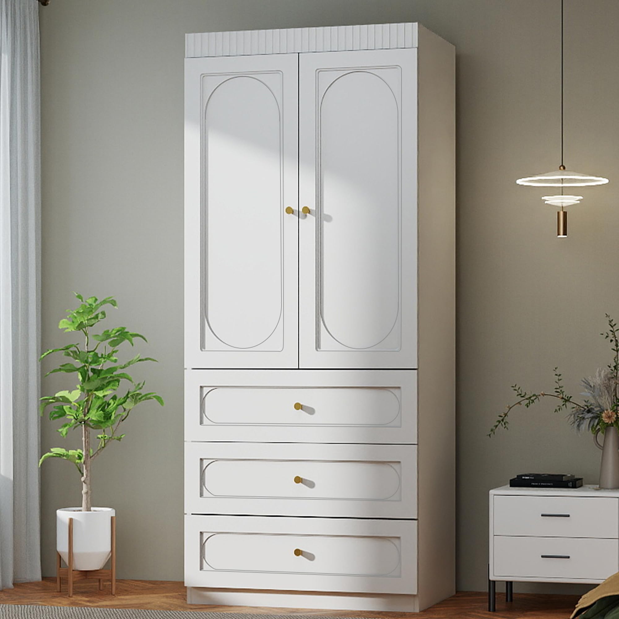 Vrmuxita Armoire Wardrobe Closet with Drawers: 74" Tall White Wardrobe Closet with Doors, Large Bedroom Armoires for Clothes, Wood Closets for Hanging Clothes (31.5 in-2 Doors)