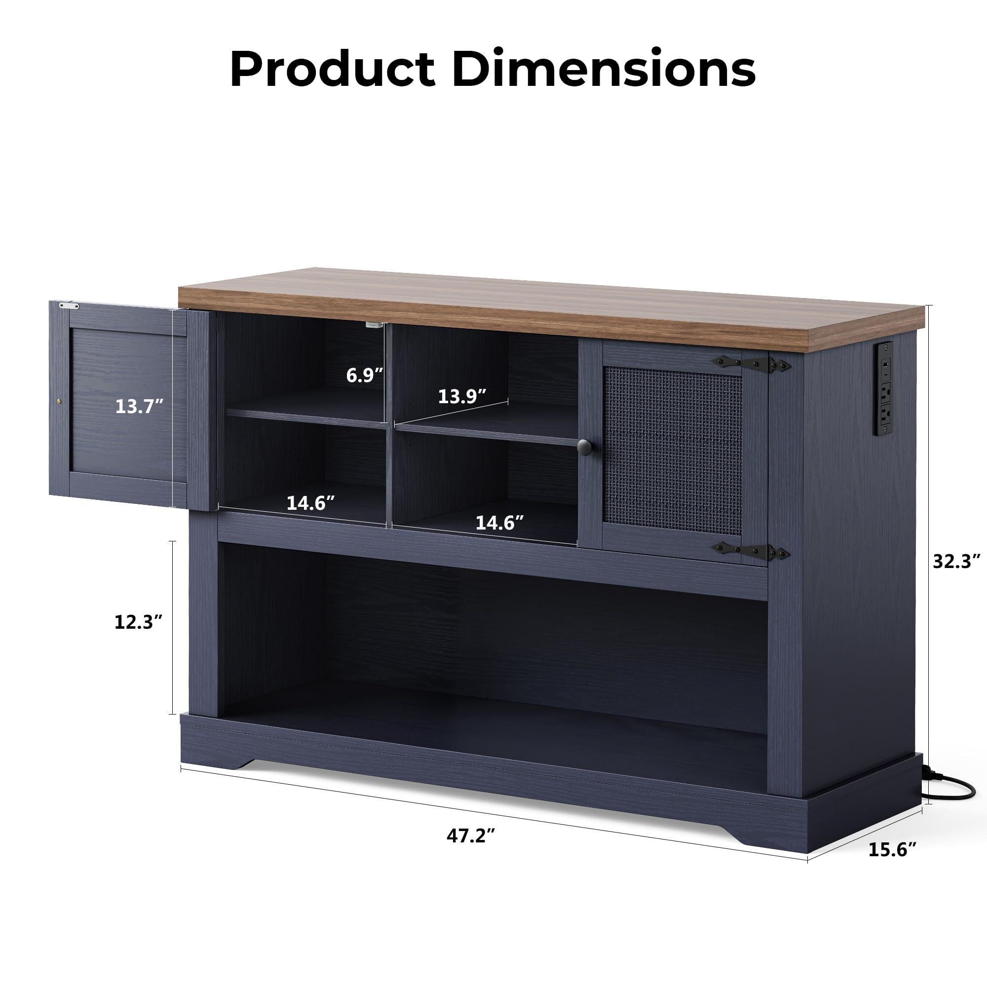 LIKIMIO Farmhouse Entryway Table with Power Outlets, 47.2" Rattan Console Table with Adjustable Storage Shelves & Rattan Doors Cabinet, Sofa Table for Entry, Living Room, Hallway, Foyer, Blue